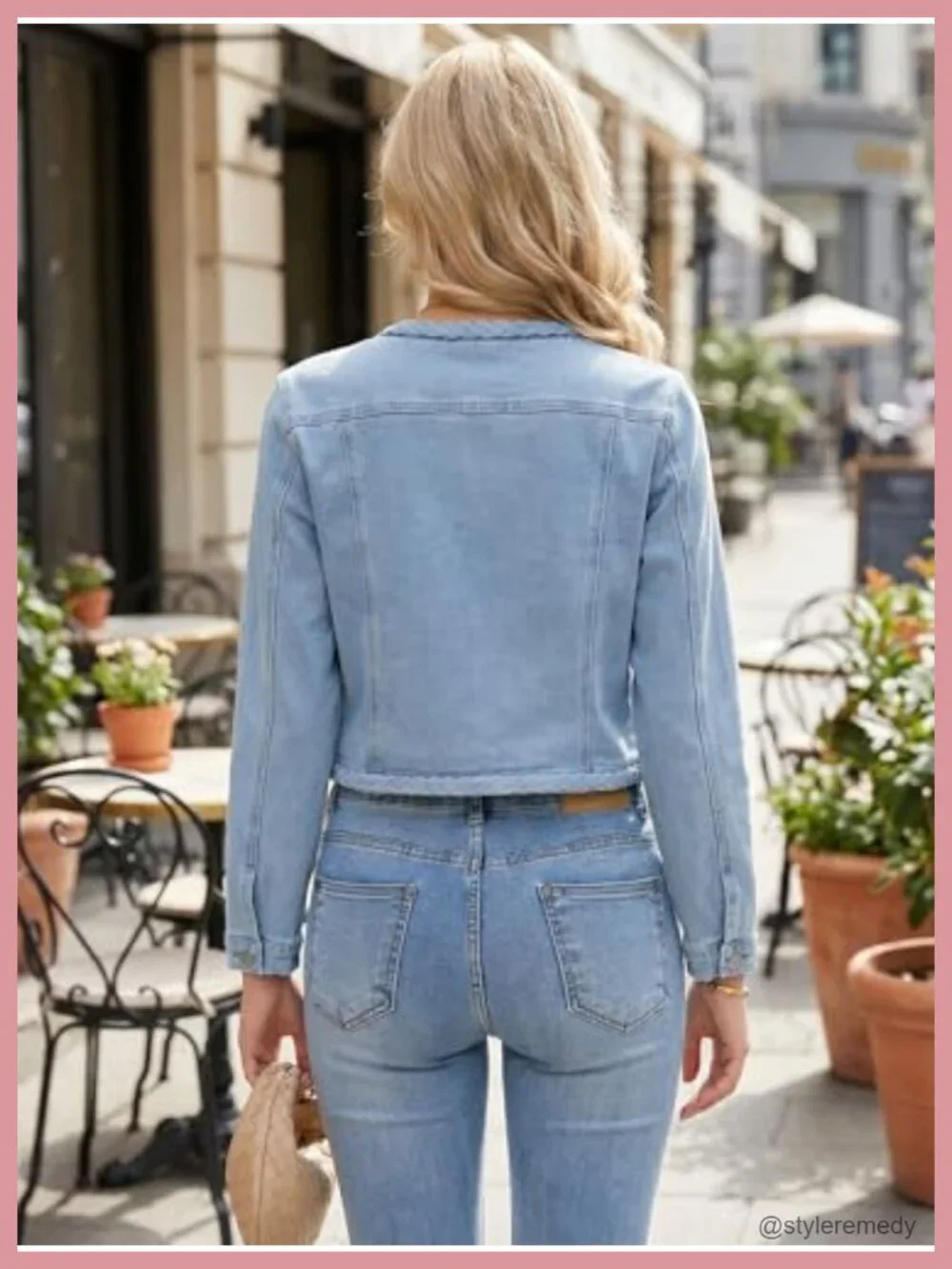 Women's Cropped Denim Jacket Collarless Long Sleeve Open Front Casual Jean